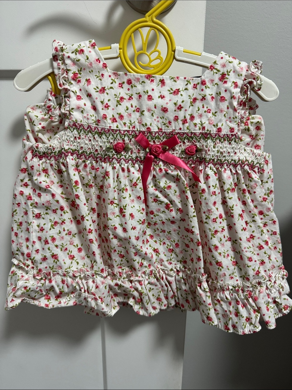 Rare Editions White Floral Smocked dress and bloomers with Pink Accents